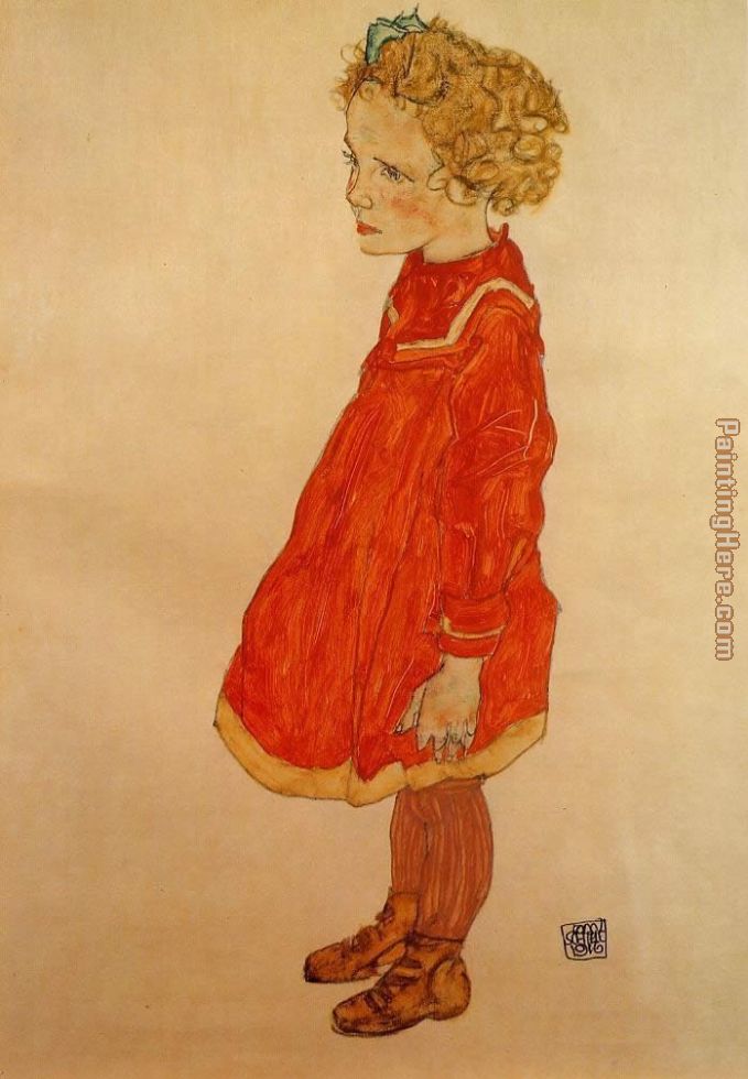 Little Girl with Blond Hair in a Red Dress painting - Egon Schiele Little Girl with Blond Hair in a Red Dress art painting